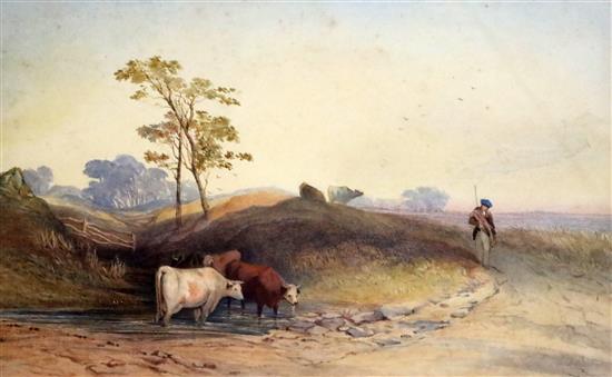 19th century English School, watercolour, Herdsmen with cattle watering in a Scottish landscape, 21 x 33cm
